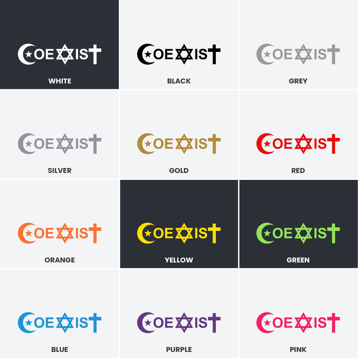 Coexist car sticker, peace love religion laptop decal