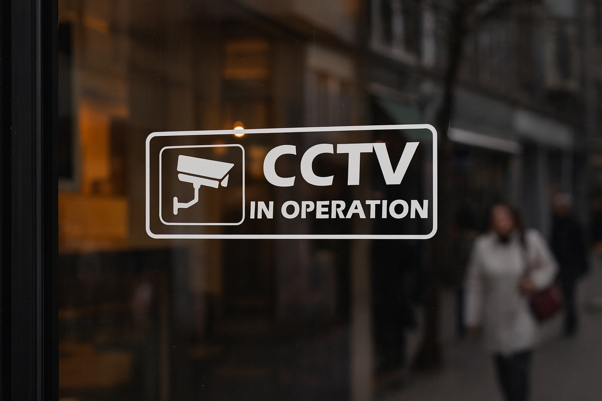 CCTV In Operation decal on shop window - White