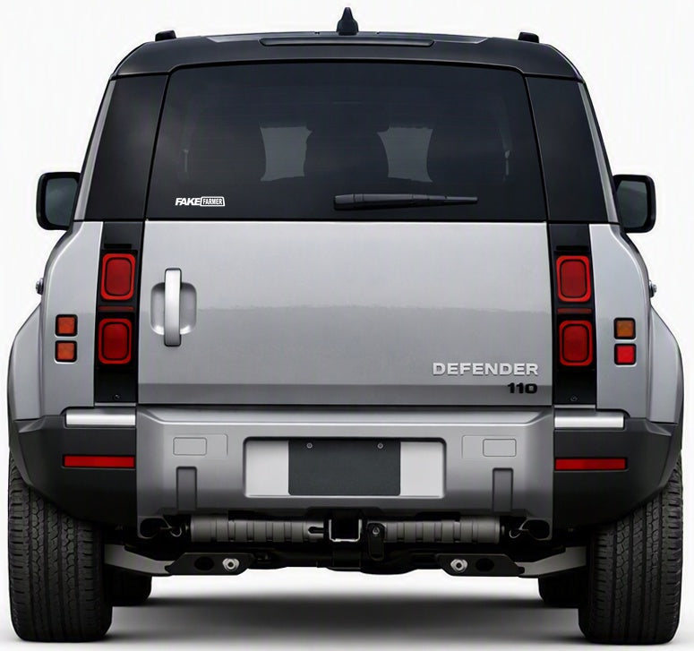 Fake Farmer decal on Land Rover Defender rear window - White, 15cm
