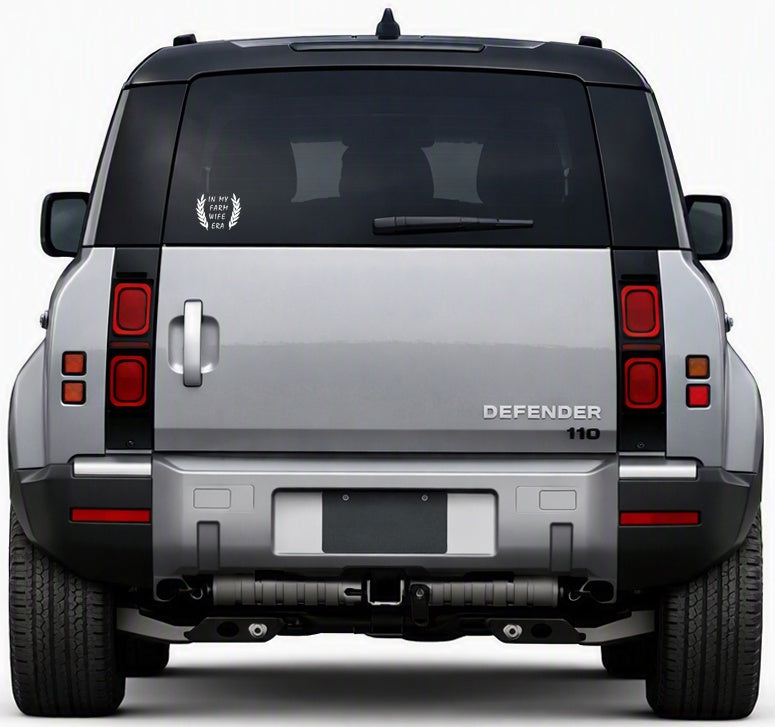In My Farm Wife Era decal on Land Rover Defender rear window - White