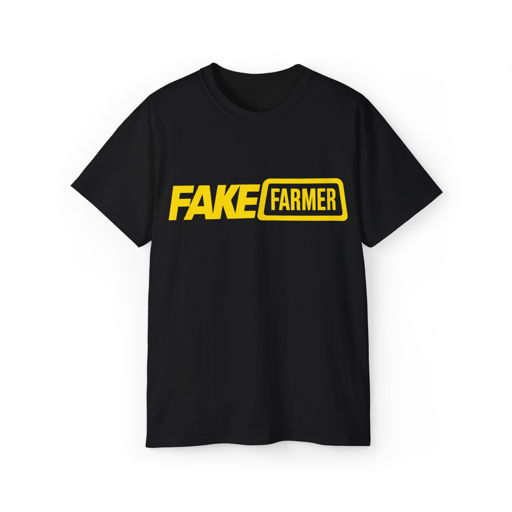Black Fake Farmer t-shirt with yellow print, front view