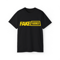 Black Fake Farmer t-shirt with yellow print, front view