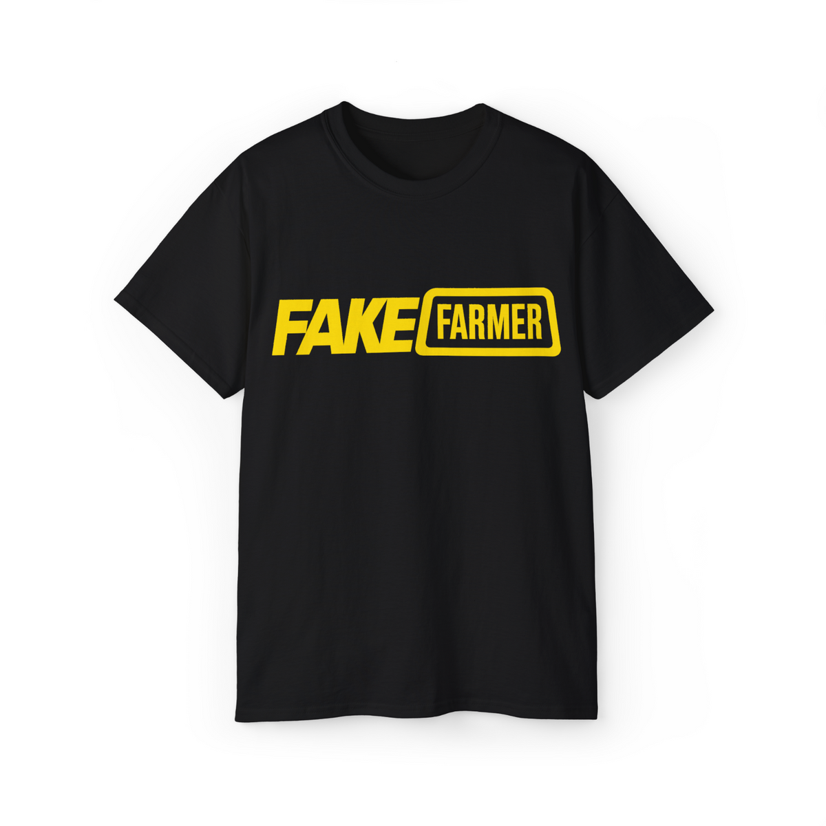 Black Fake Farmer t-shirt with yellow print, front view