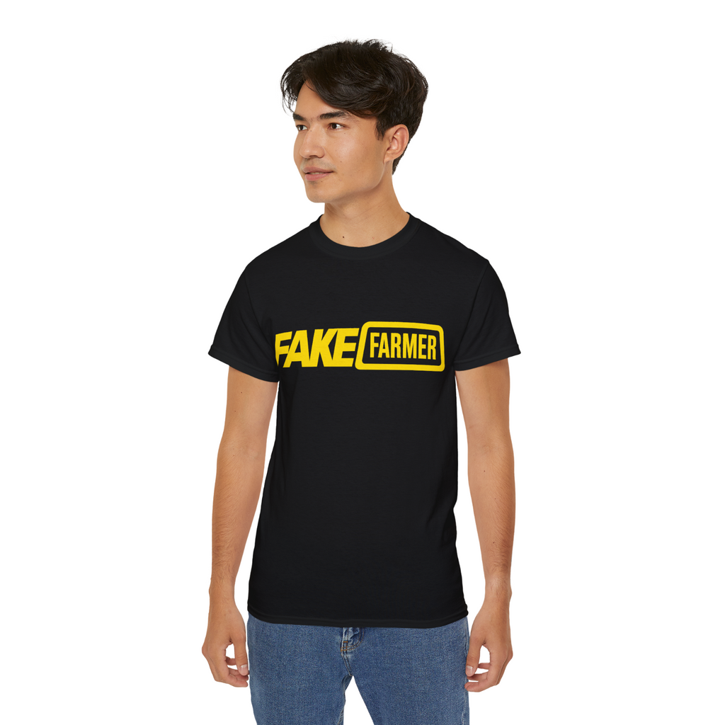 Man wearing the black Fake Farmer t-shirt