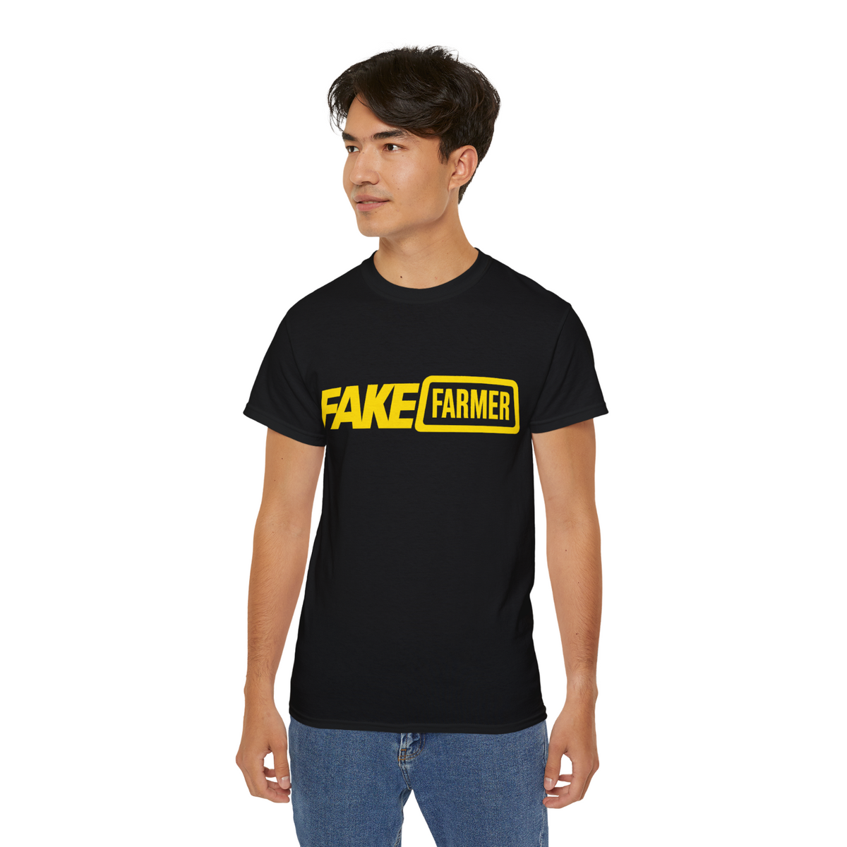 Man wearing the black Fake Farmer t-shirt