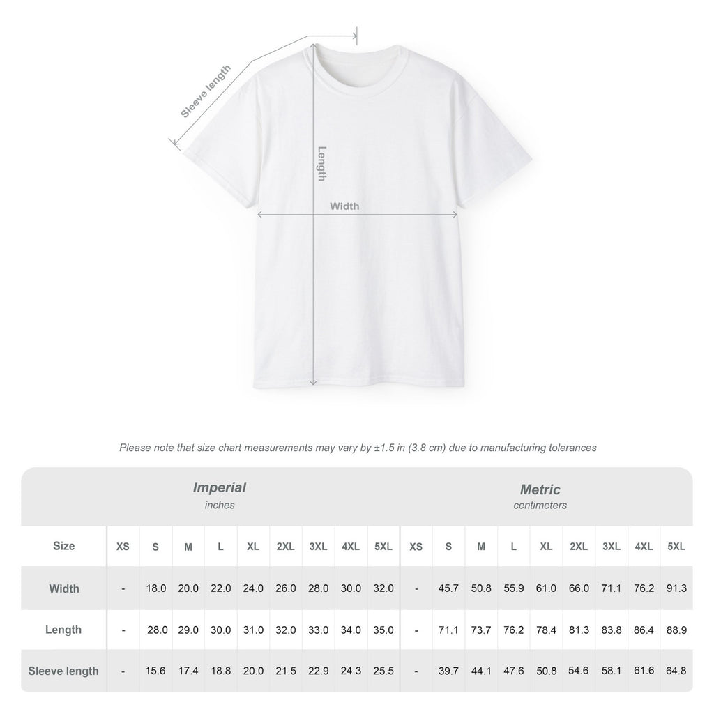 T-shirt size chart in inches and centimetres, sizes S to 5XL