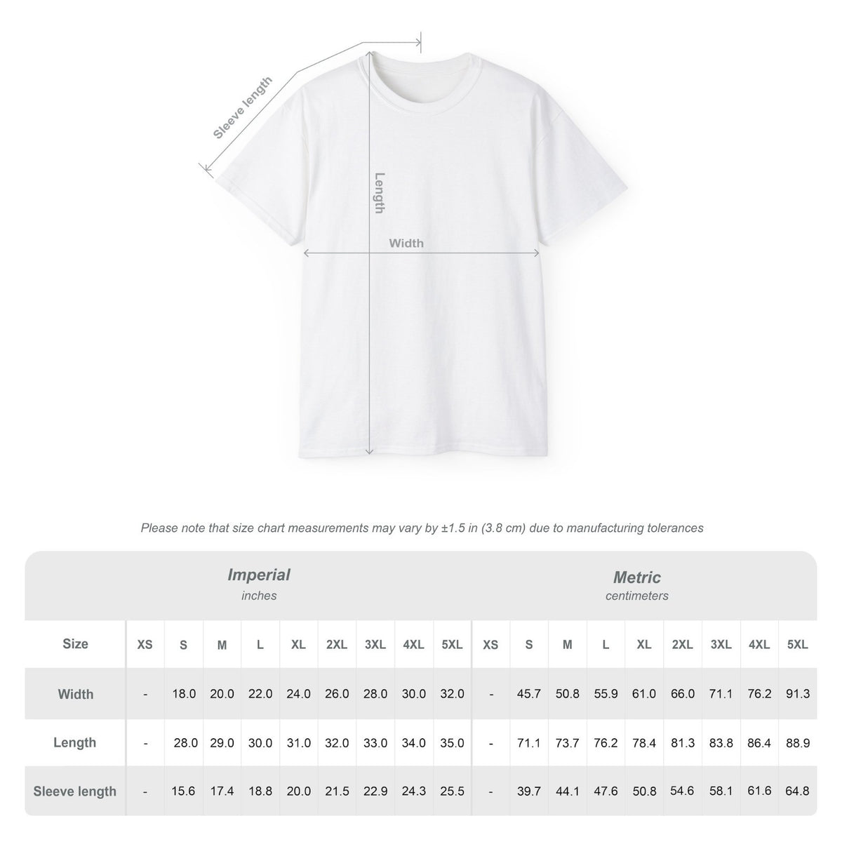 T-shirt size chart in inches and centimetres, sizes S to 5XL
