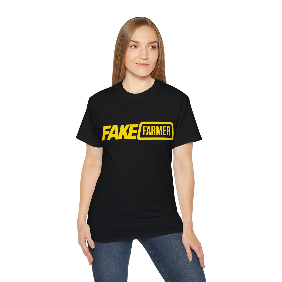 Woman wearing the black Fake Farmer t-shirt