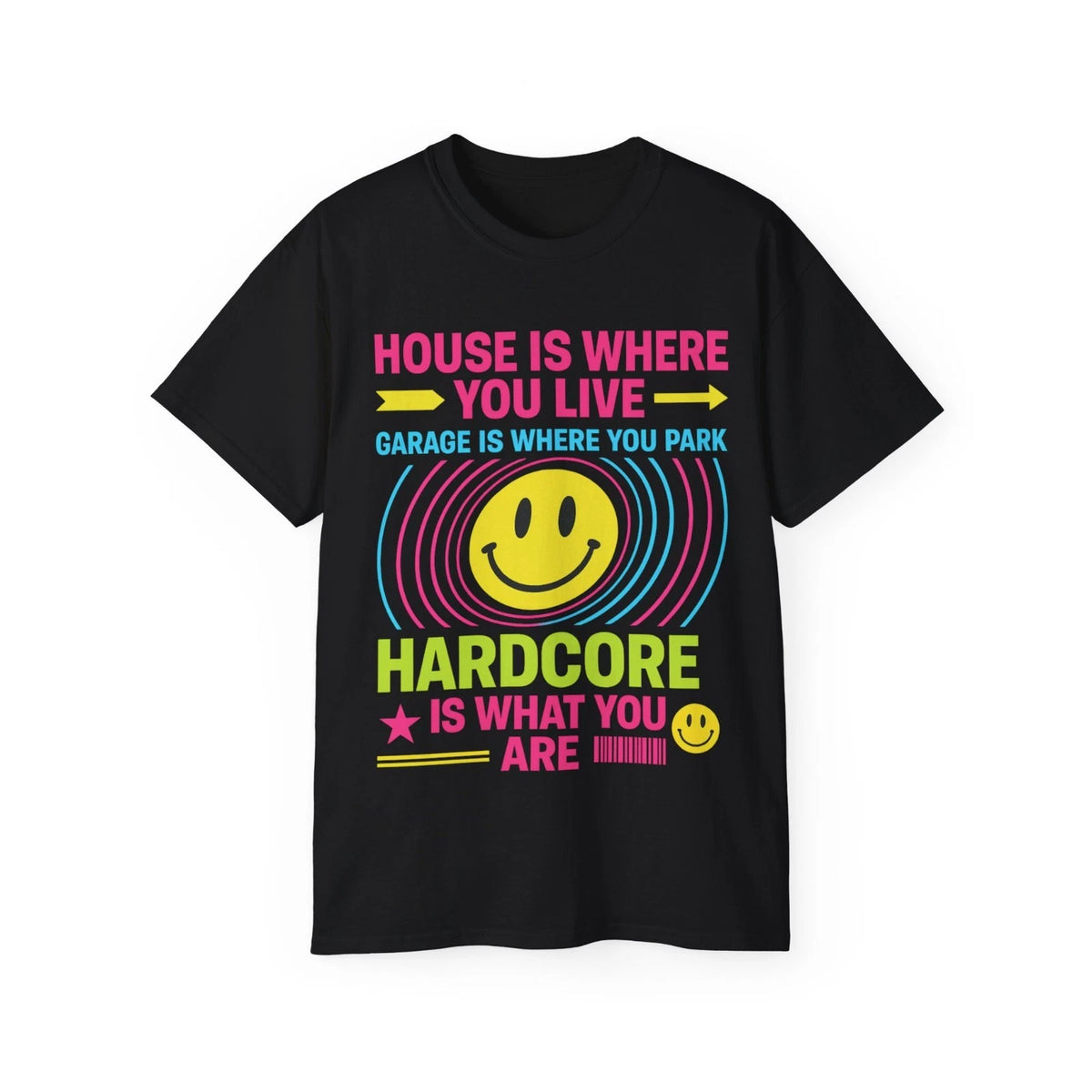Black 90's Retro Rave t-shirt, Hardcore Music print, front view
